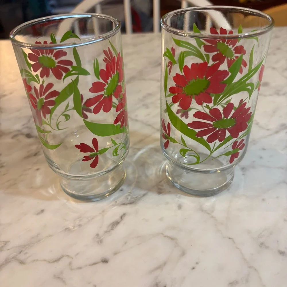 Vintage Libbey Red Daisy Floral Glasses Set of 2 Footed Juice Tumblers Retro